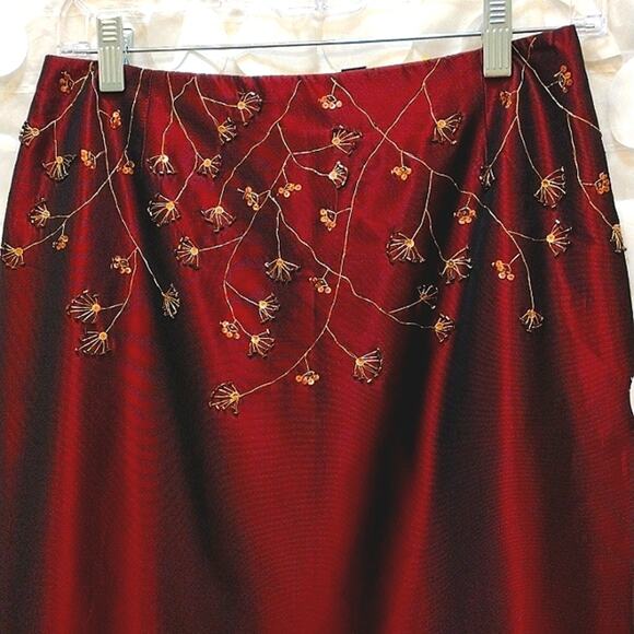 Laundry Shelli Segal Satin Maxi Skirt Sz 6 Red BURGUNDY BEADED Embroidery Party - Picture 4 of 8